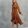 Clothing * | Dee-001 Jessy Satin Ruffle Wrap Midi Dress Copper Final Sale All Clothing