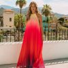 Clothing * | Lati-001 Just Restocked Mykonos Pleated Ombre Halter Maxi Dress Pink Red