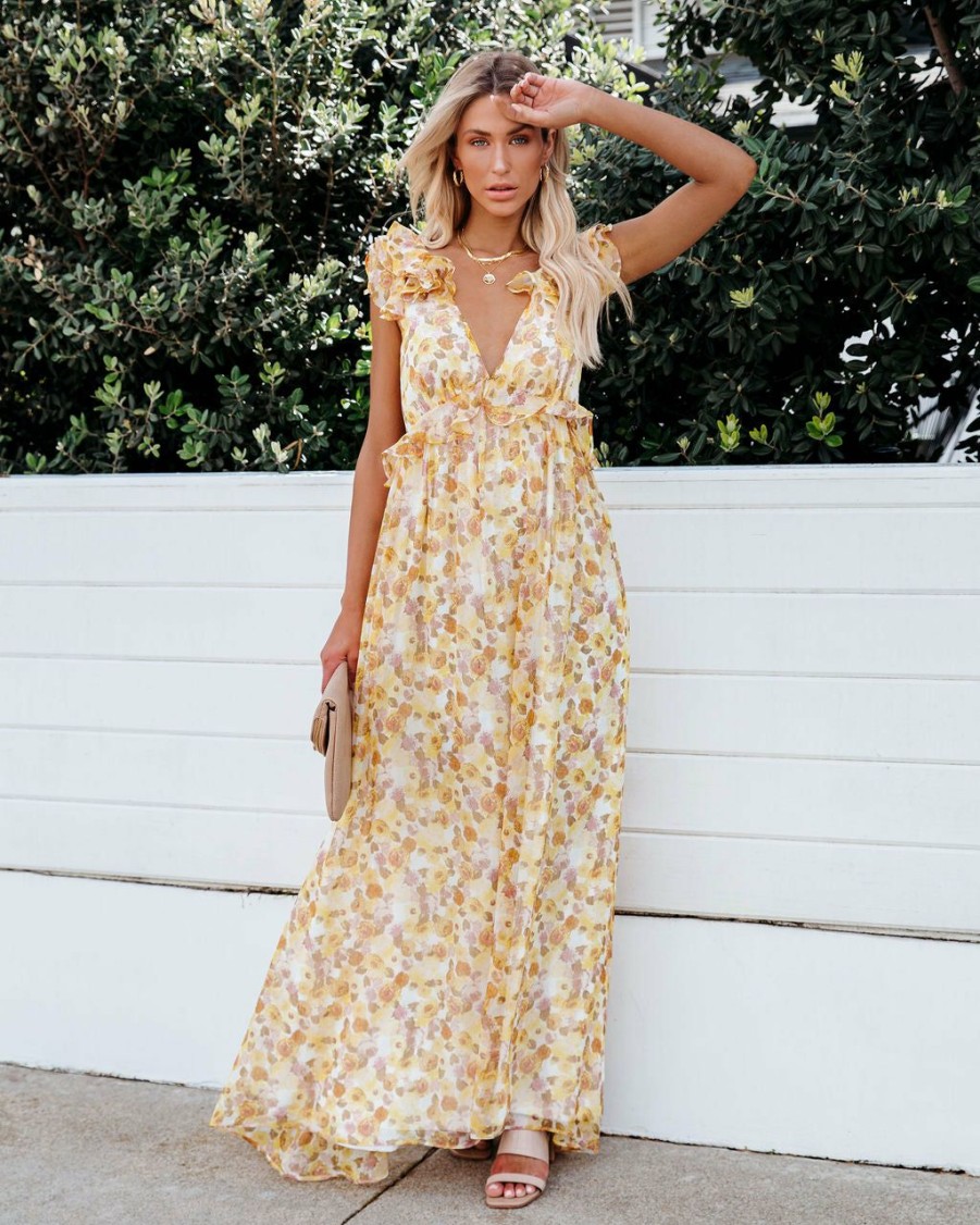 Clothing * | Aaka-001 Rosamund Floral Chiffon Ruffle Maxi Dress All Clothing