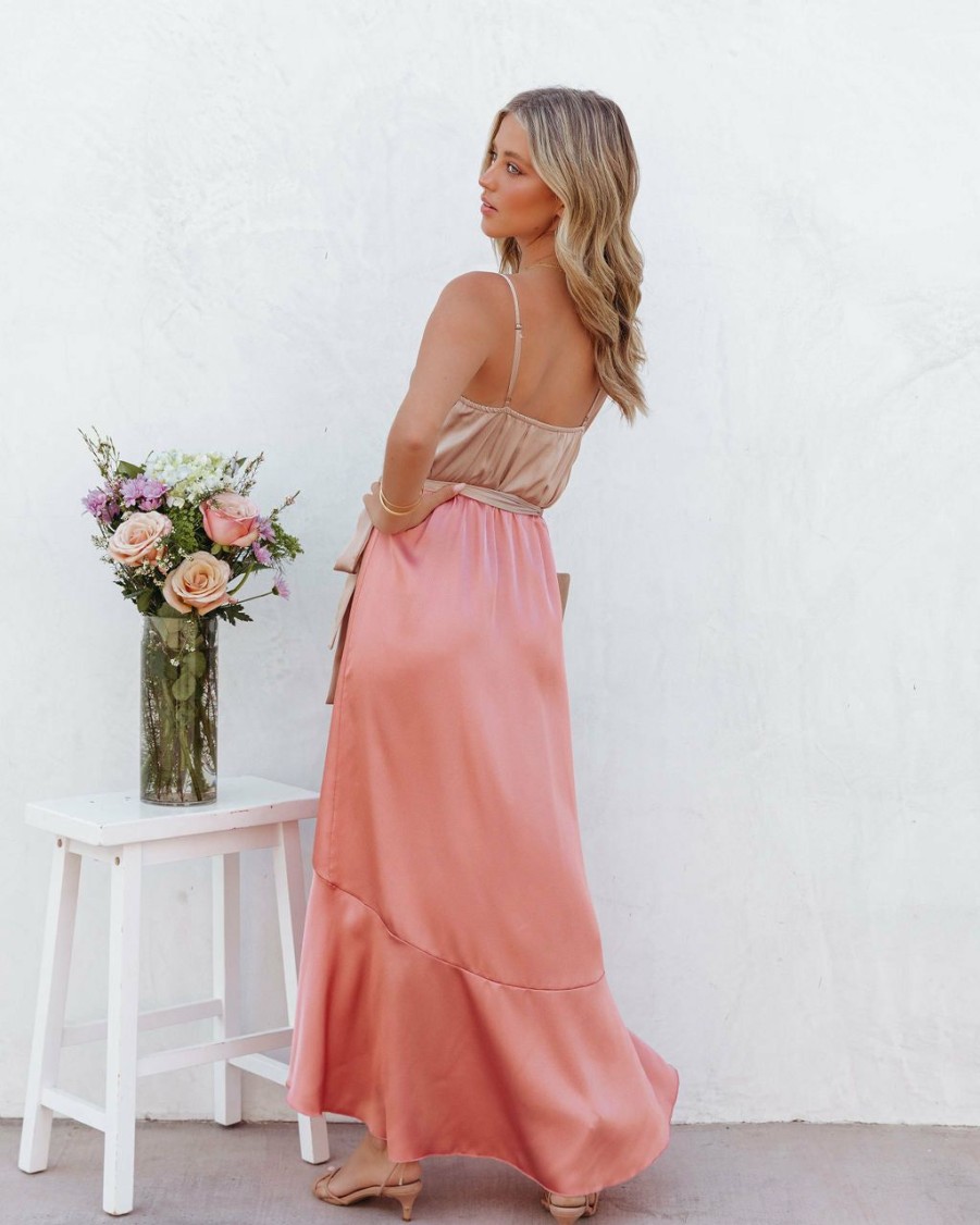 Clothing * | Tych-001 Ansley Satin Colorblock High Low Maxi Dress Nude Peach Guest Of Wedding