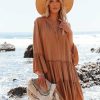 Clothing * | Elan-001 Barefoot On The Beach Pocketed Tiered Tunic Caramel Just Restocked