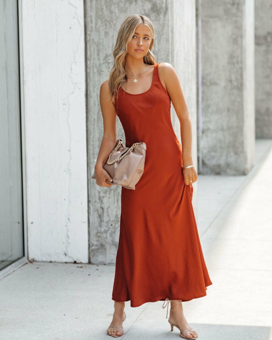 Clothing * | Olia-001 Night To Remember Satin Maxi Dress Rust Final Sale