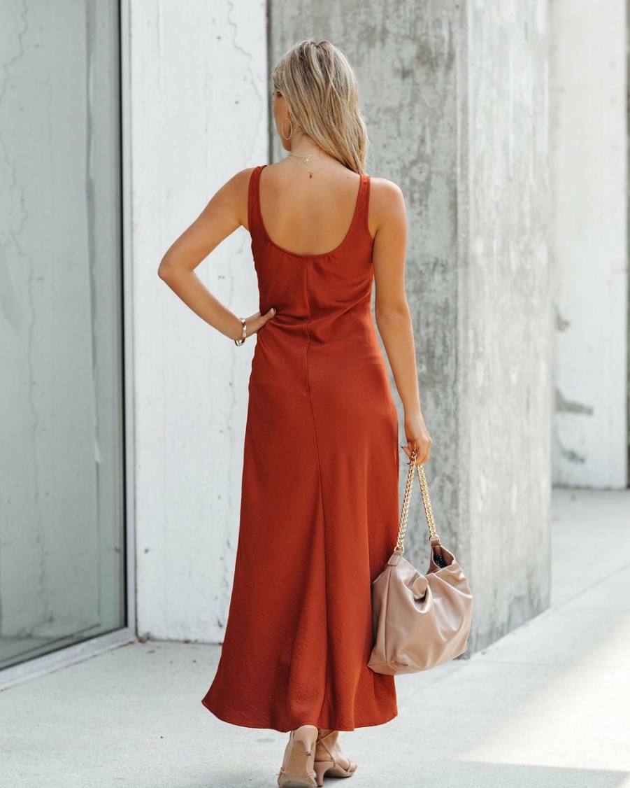 Clothing * | Olia-001 Night To Remember Satin Maxi Dress Rust Final Sale