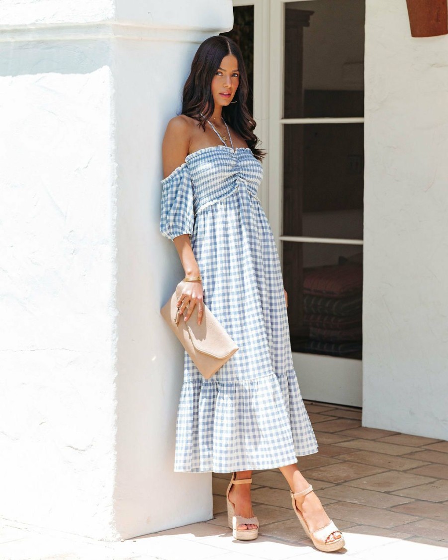 Clothing * | Blue-001 Americana Babe Just A Picnic Smocked Gingham Halter Midi Dress