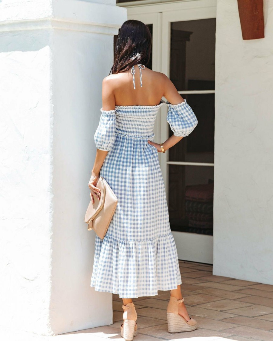 Clothing * | Blue-001 Americana Babe Just A Picnic Smocked Gingham Halter Midi Dress