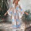 Clothing * | Dres-001 The Vacation Shop Zena Patchwork Kimono Maxi Dress Blue Combo Final Sale