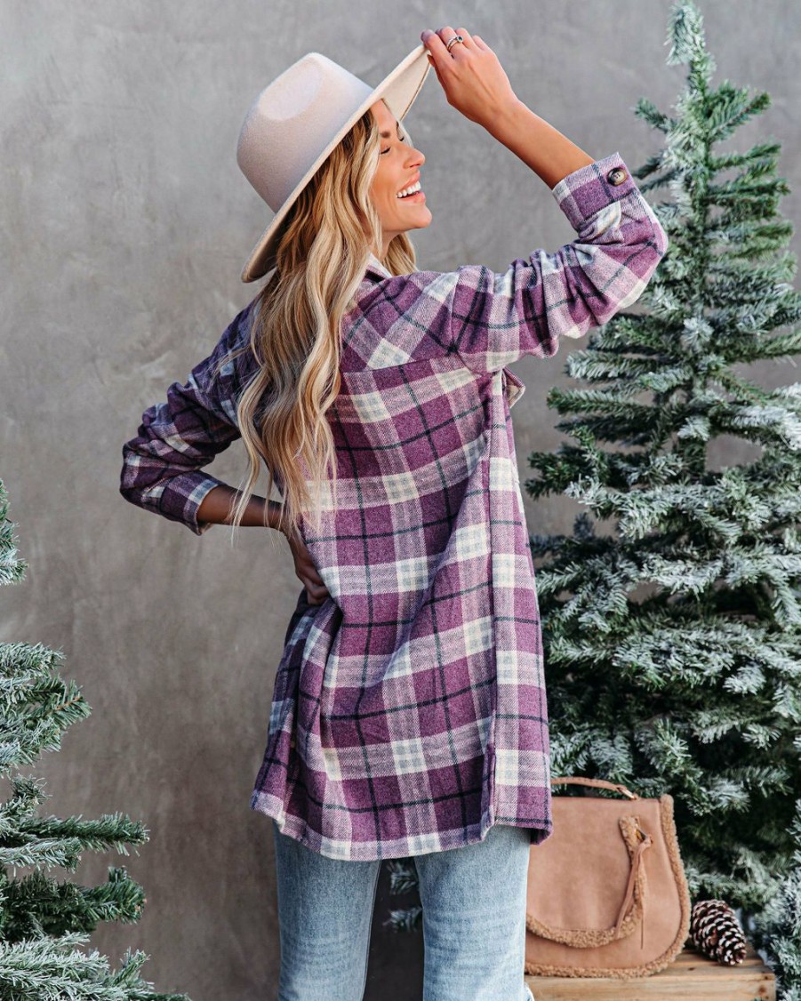 Clothing * | Hem-001 All Clothing Conny Plaid Button Down Shacket Purple Final Sale