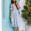 Clothing * | Oliv-001 All Clothing Aviv Cotton Floral Puff Sleeve Midi Dress Blue Multi