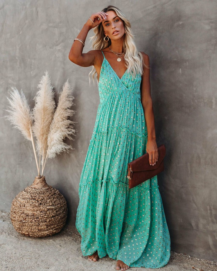 Clothing * | Enc-001 Fathoms Below Adjustable Metallic Tiered Maxi Dress Seafoam All Clothing