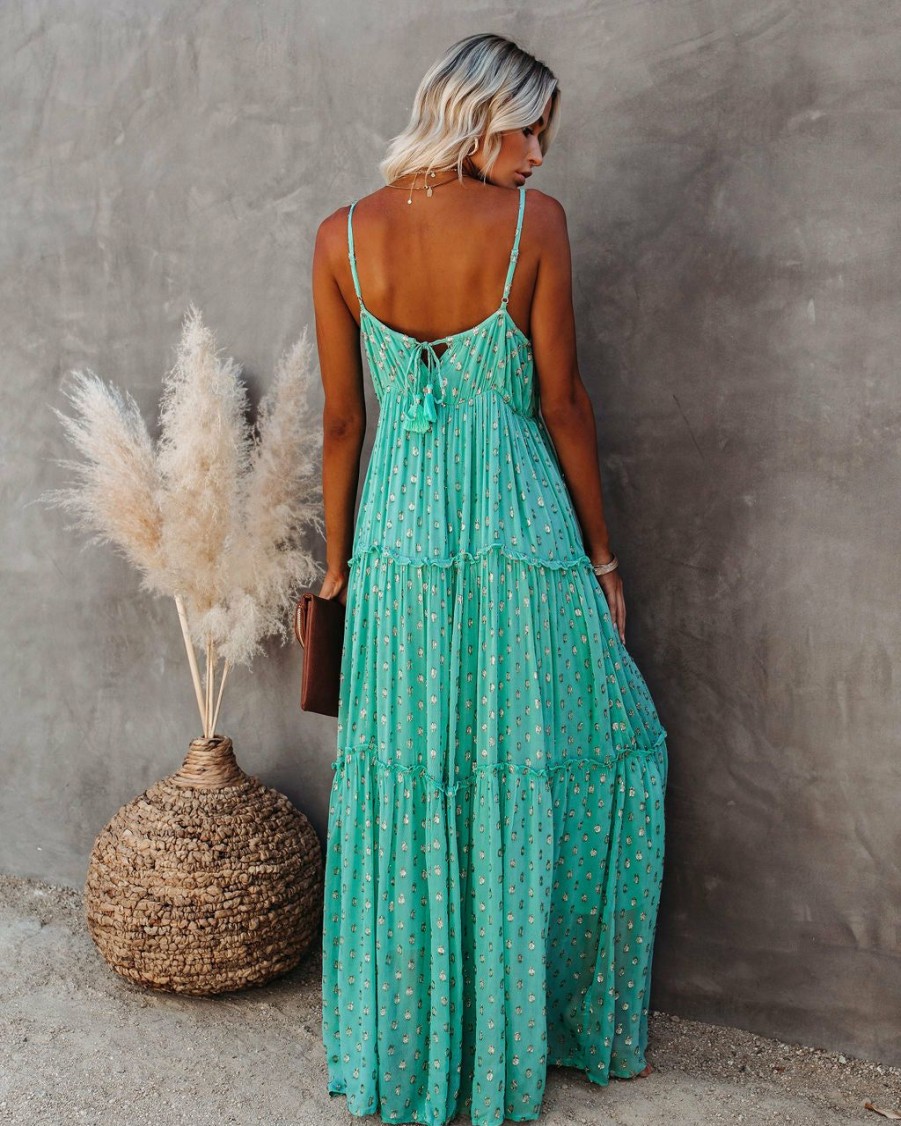 Clothing * | Enc-001 Fathoms Below Adjustable Metallic Tiered Maxi Dress Seafoam All Clothing