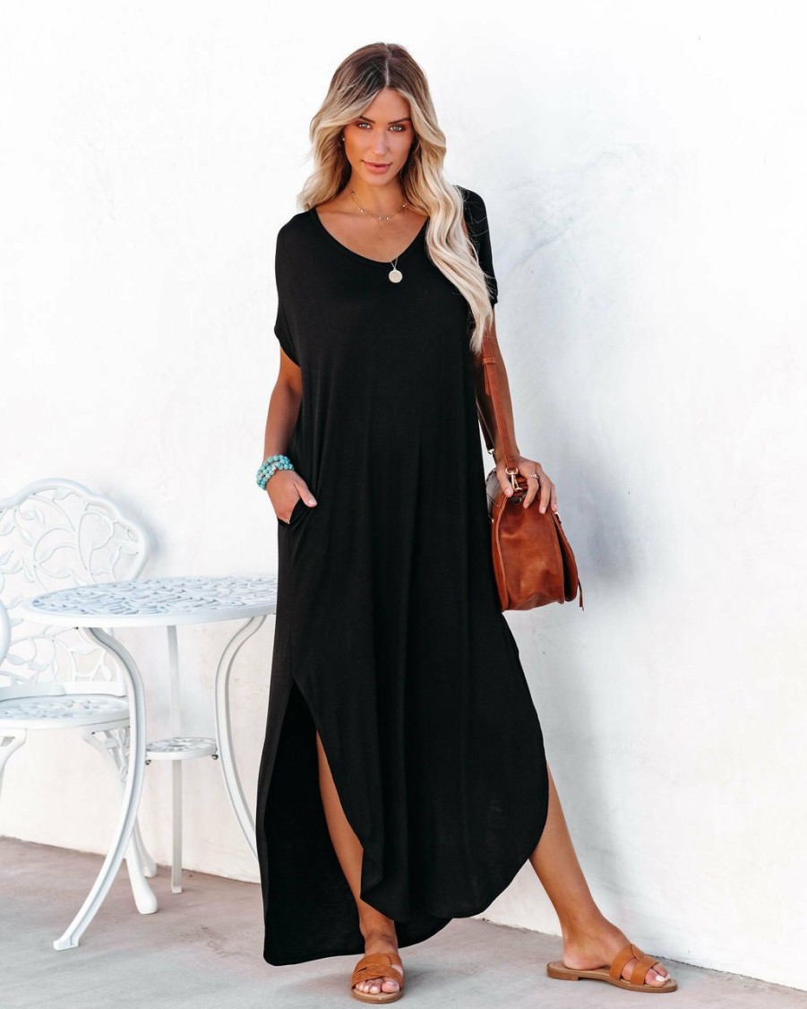 Clothing * | Vani-001 Farmers Market Pocketed Modal Maxi Dress Black