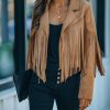 Clothing * | Flaw-001 Coming Soon Walford Cropped Fringe Faux Suede Jacket Camel