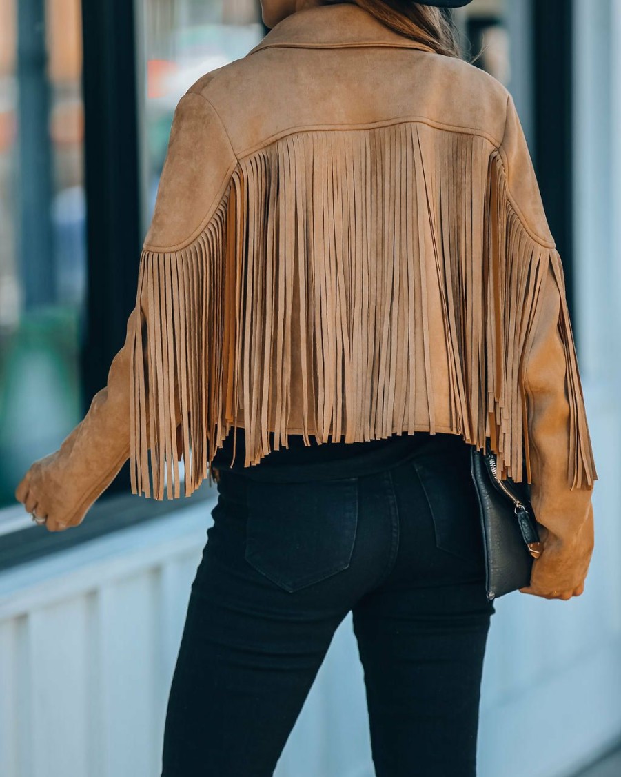 Clothing * | Flaw-001 Coming Soon Walford Cropped Fringe Faux Suede Jacket Camel