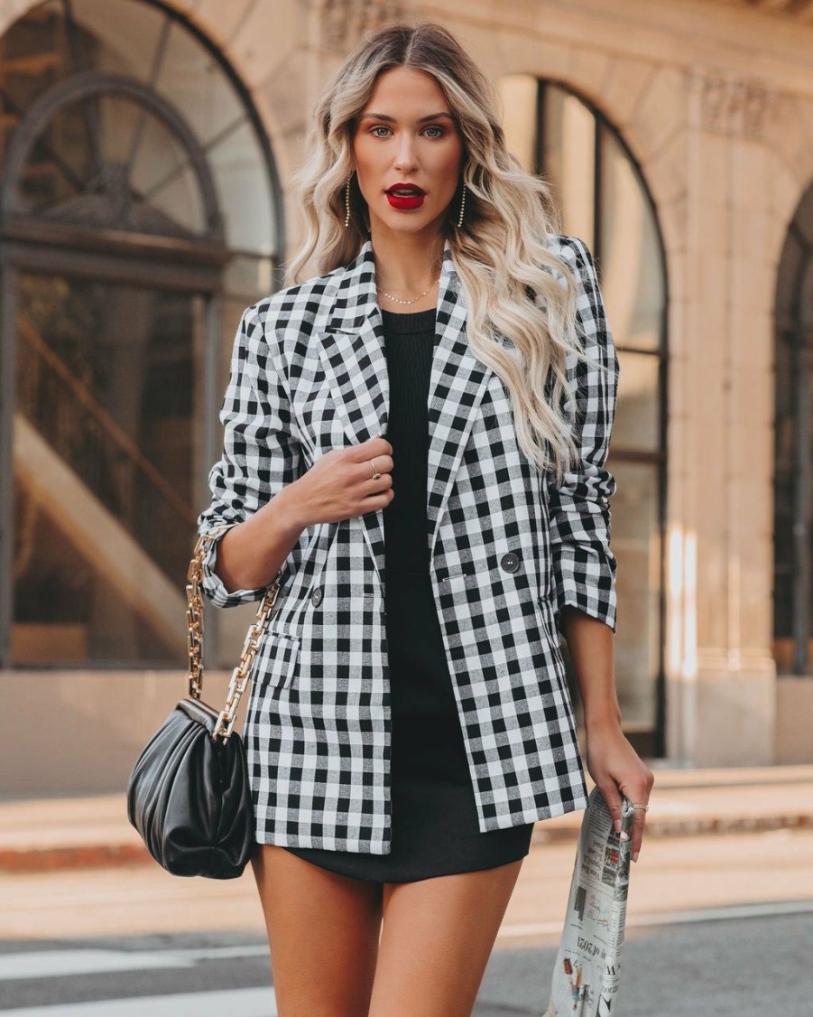 Clothing * | Entr-001 Rochelle Cotton Blend Pocketed Gingham Blazer Black