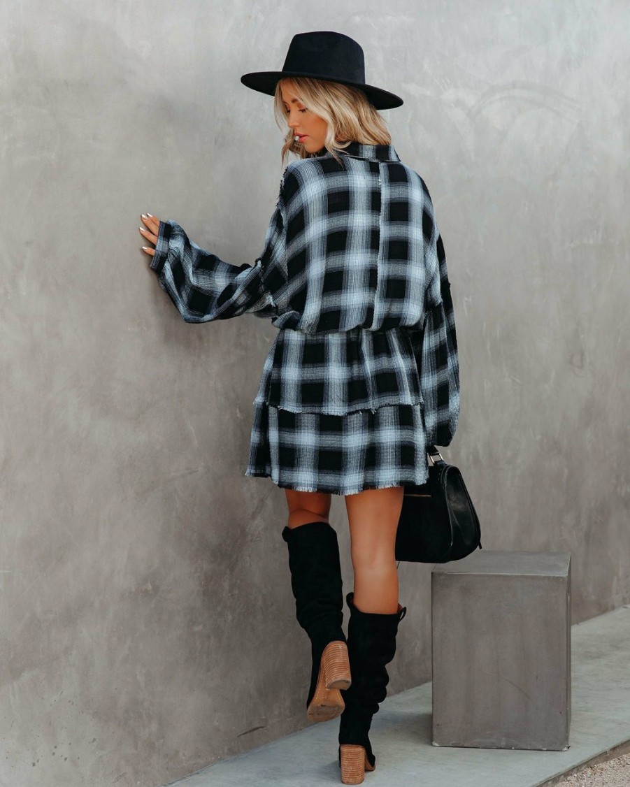 Clothing * | Vint-001 Truckee Plaid Button Down Shirt Dress Midnight Final Sale