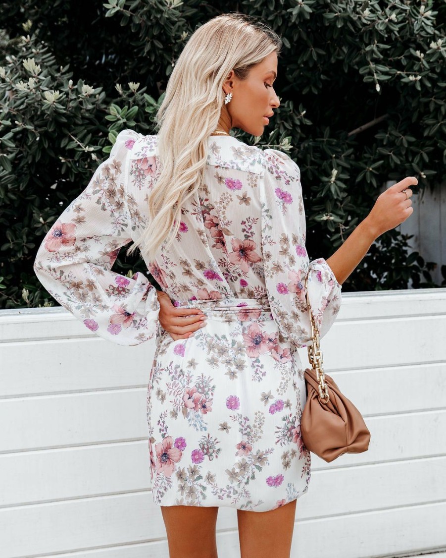 Clothing * | Dres-001 Avant Floral Balloon Sleeve Chiffon Wrap Dress