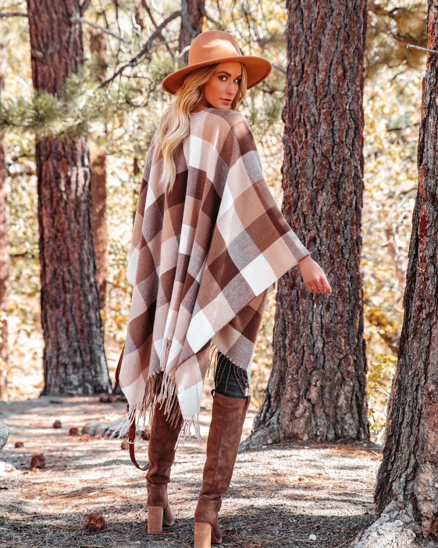 Clothing * | Fame-001 Madison Checkered Fringe Poncho Brown All Clothing