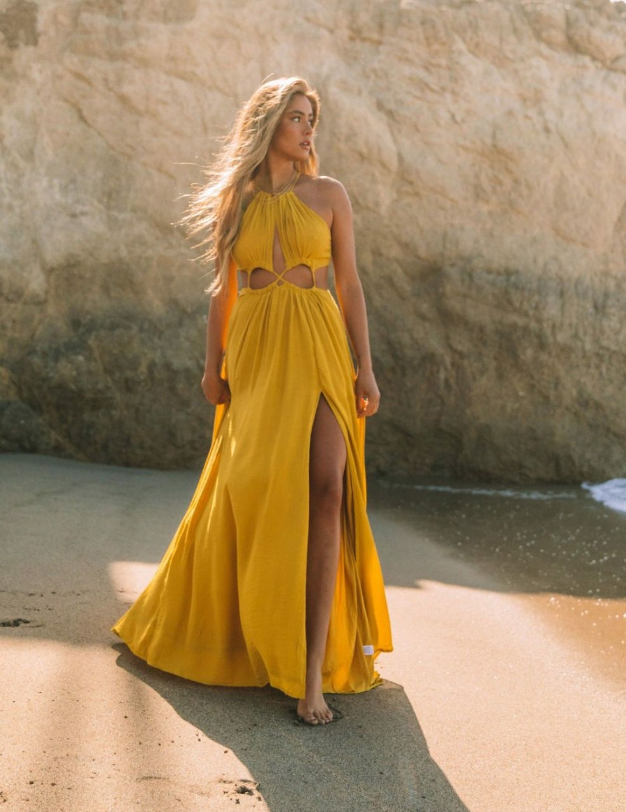 Clothing * | A.Peach Cailey Cutout Halter Maxi Dress Moss Yellow All Clothing