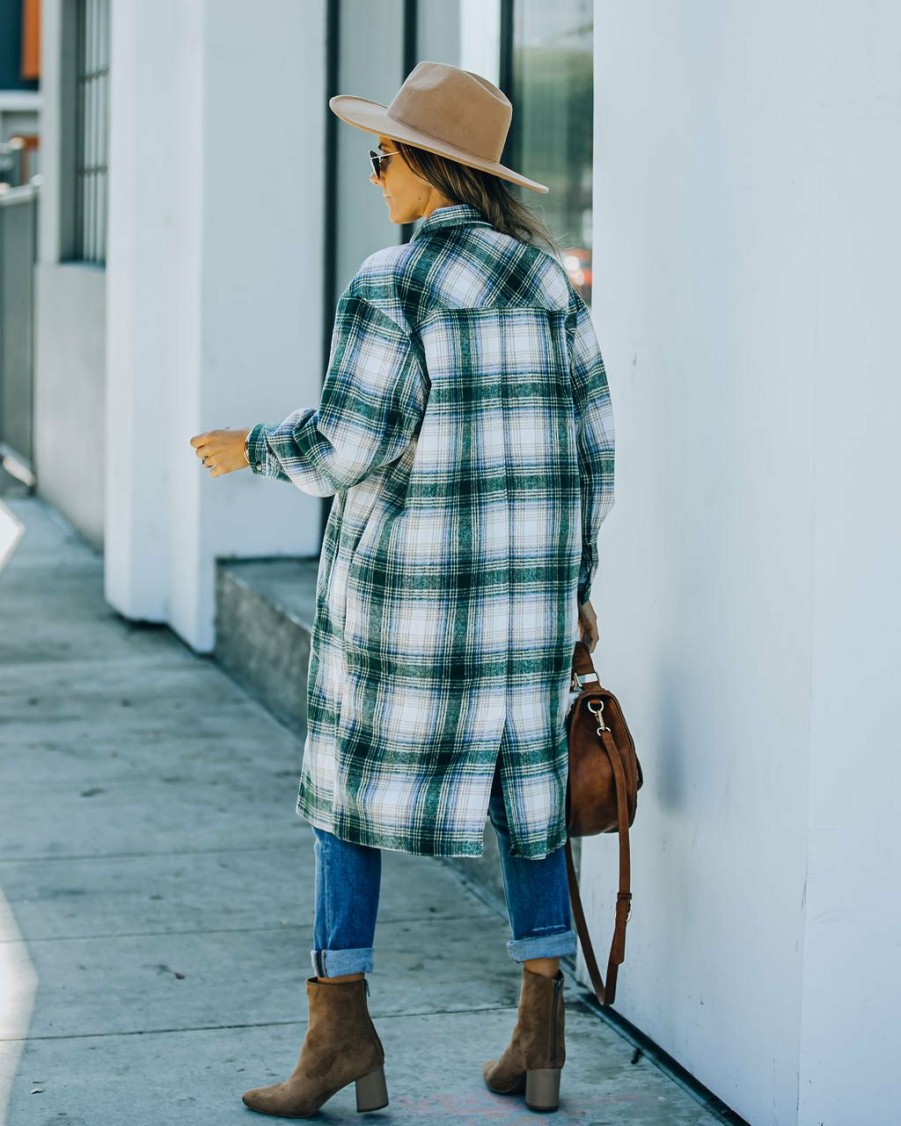 Clothing * | Elan-001 All Clothing Maxine Pocketed Button Down Plaid Jacket Green Final Sale