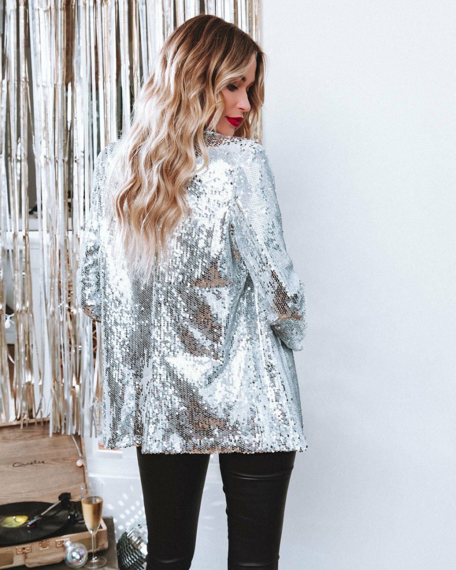 Clothing * | Tcec-001 Life Of The Party Sequin Blazer Silver Final Sale All Clothing