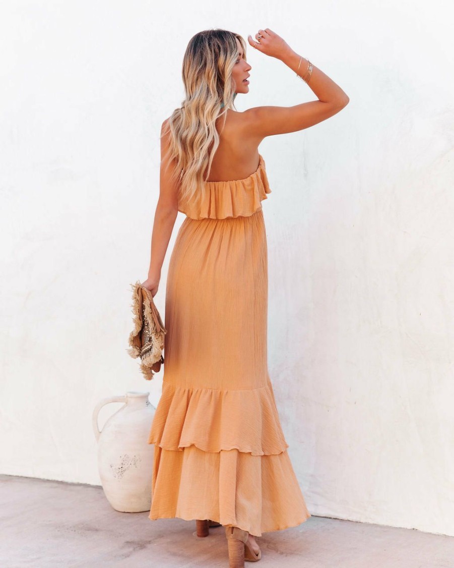 Clothing * | On T-001 Rosemont Cotton Linen Strapless High Low Maxi Dress Peach All Clothing