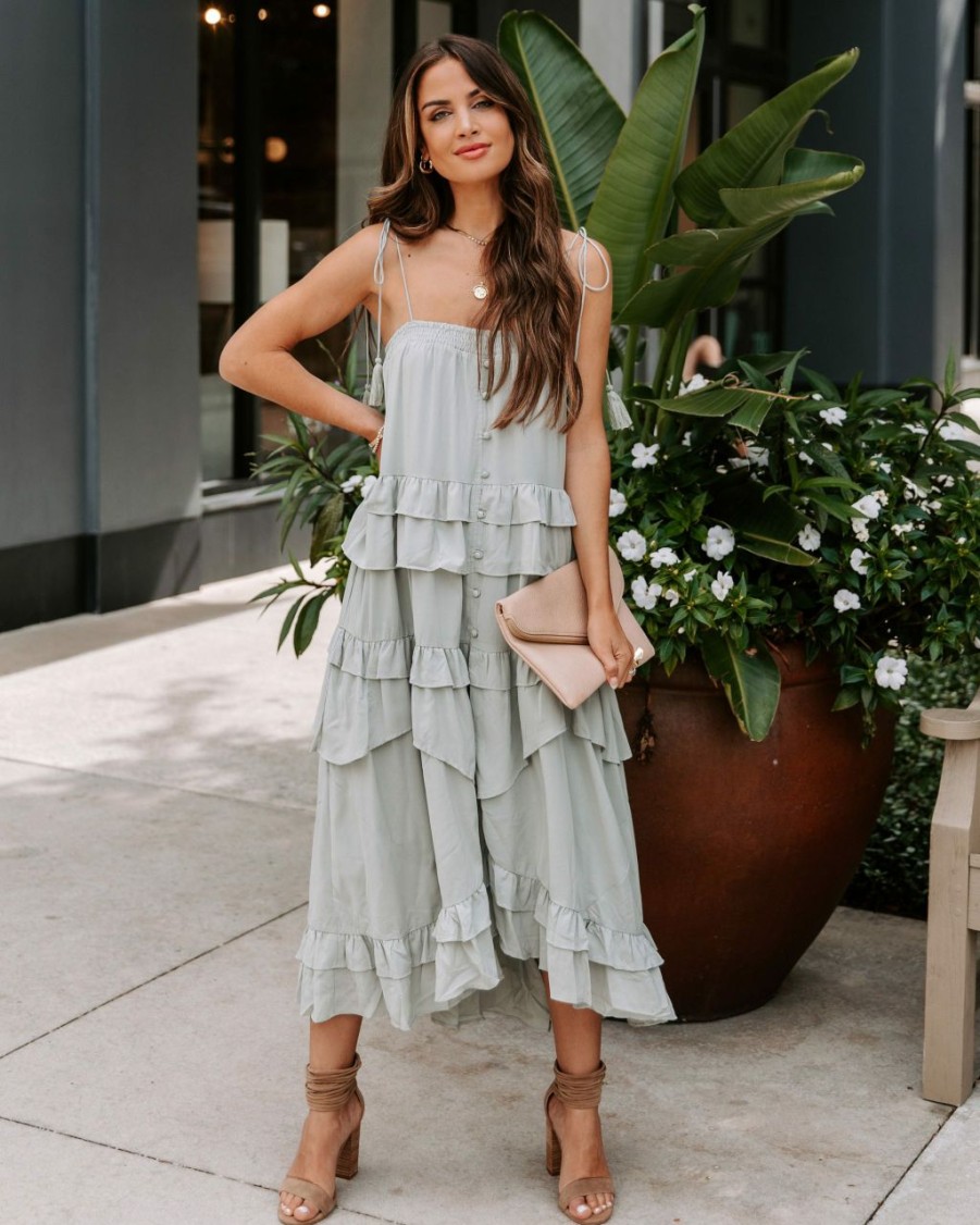 Clothing * | Stor-001 Brisbane Tiered Tassel Midi Dress Sage Final Sale