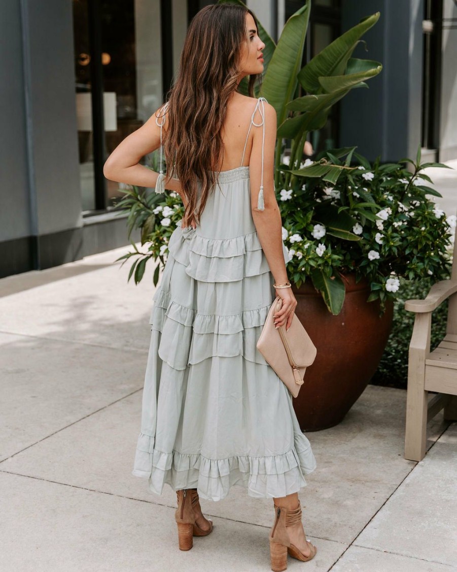 Clothing * | Stor-001 Brisbane Tiered Tassel Midi Dress Sage Final Sale