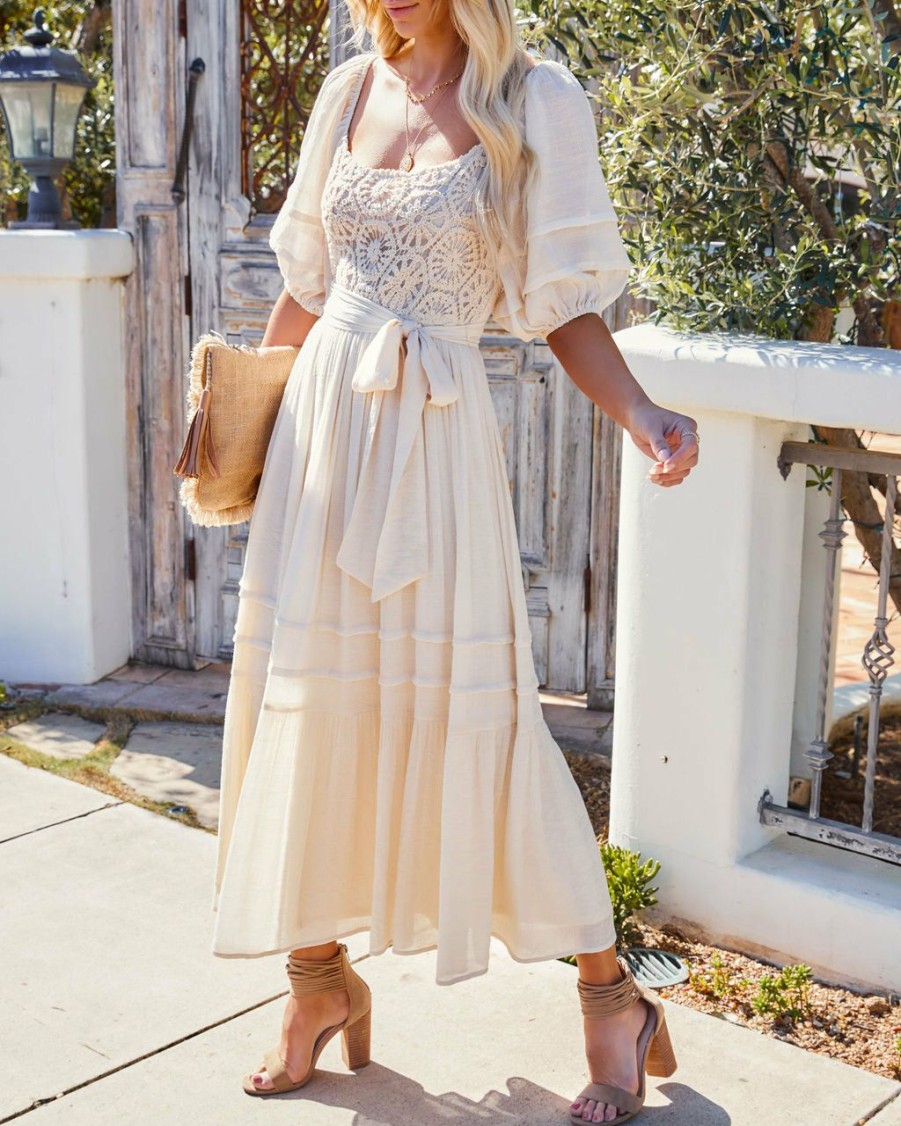 Clothing * | Salt-001 Point Loma Crochet Puff Sleeve Midi Dress Cream