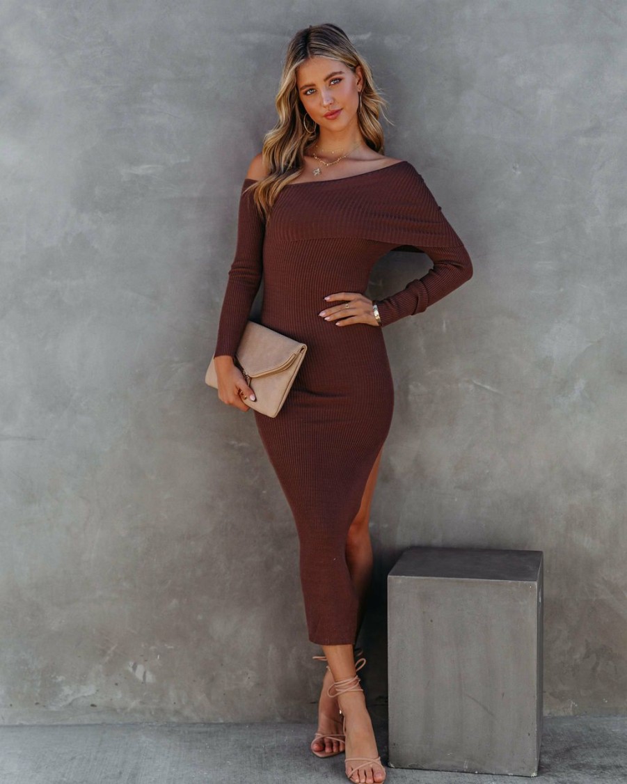 Clothing * | Acoa-001 All Clothing Troy Off The Shoulder Knit Midi Dress Chocolate Final Sale