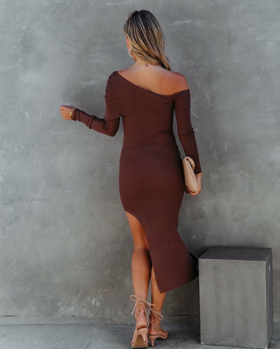 Clothing * | Acoa-001 All Clothing Troy Off The Shoulder Knit Midi Dress Chocolate Final Sale