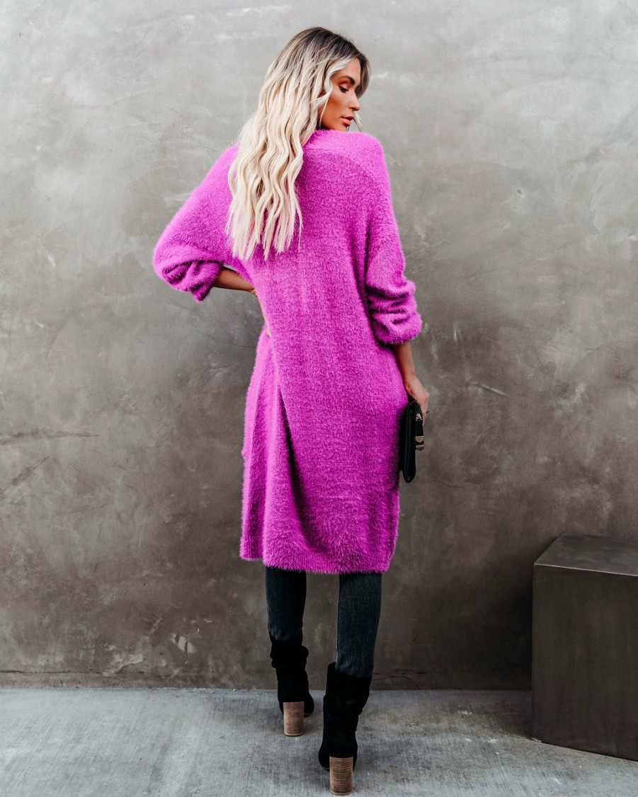 Clothing * | Davi-001 Glorious Pocketed Fuzzy Knit Cardigan Magenta