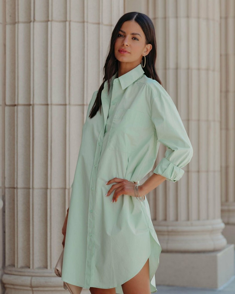 Clothing * | Endl-001 Harmony Cotton Button Down Shirt Dress Pistachio Final Sale Pretty Perfect