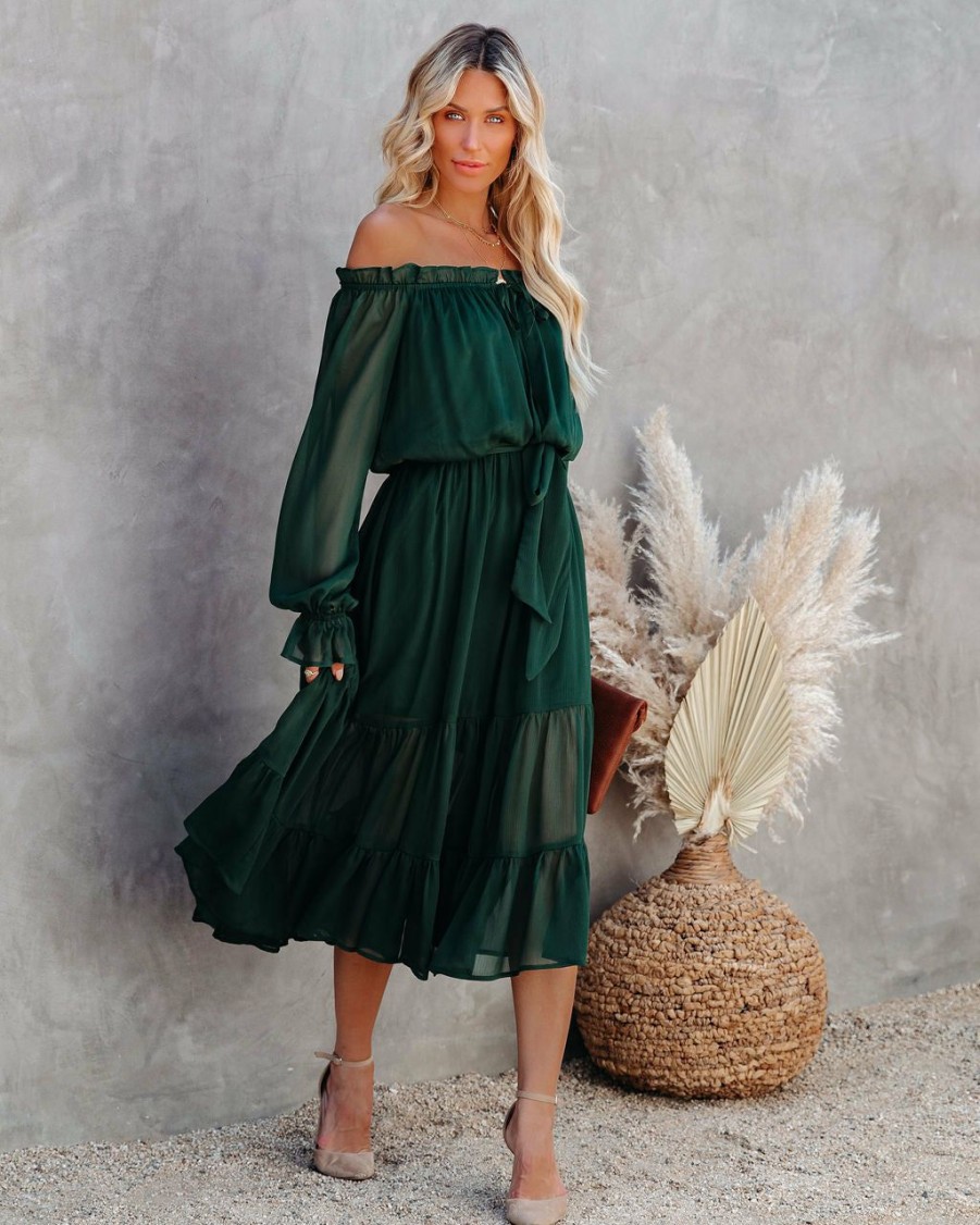 Clothing * | Aeom-001 Peacekeeper Off The Shoulder Midi Dress Hunter Green Final Sale All Clothing