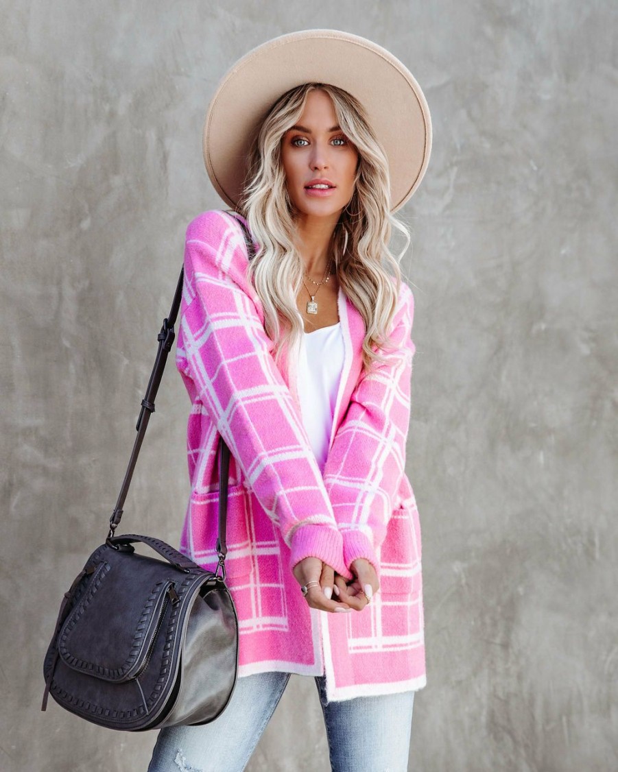 Clothing * | Dee-001 All Clothing Madi Pocketed Plaid Knit Cardigan Pink Final Sale