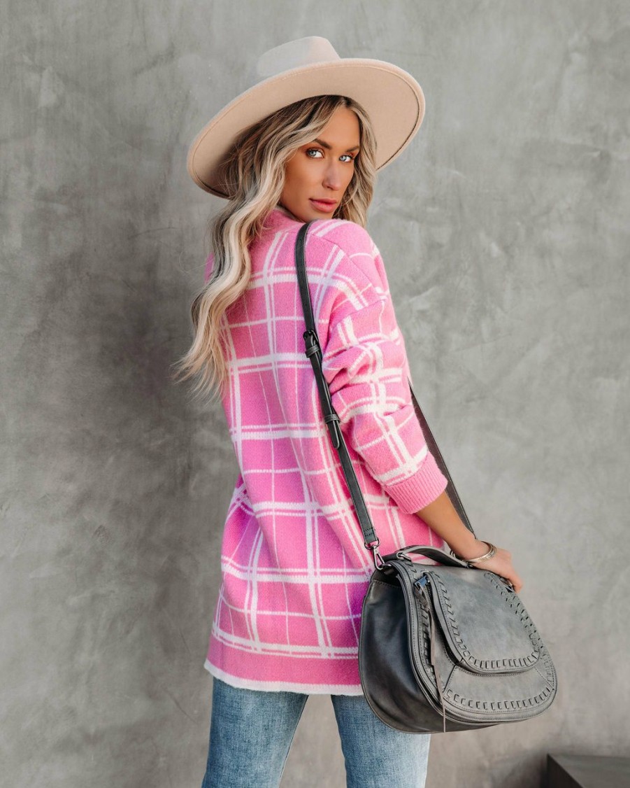 Clothing * | Dee-001 All Clothing Madi Pocketed Plaid Knit Cardigan Pink Final Sale