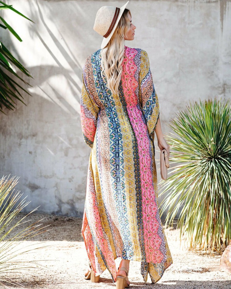 Clothing * | Love-003 Coming Soon Turks + Caicos Printed Metallic Duster Kimono Blue Multi