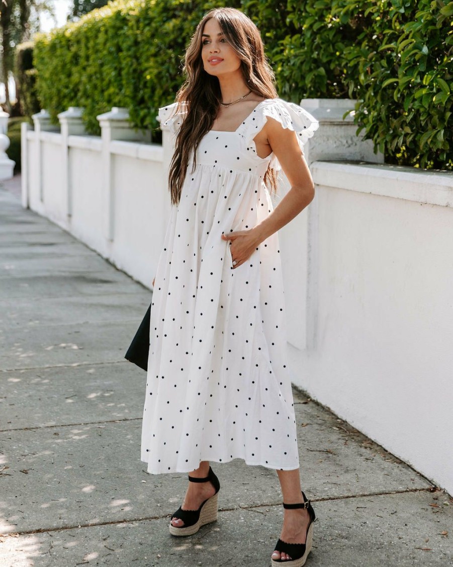 Clothing * | Dee-001 Resort Shop Edith Cotton Pocketed Polka Dot Midi Dress White