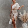 Clothing * | Do+B-001 Persimmon One Shoulder Satin Drape Dress Champagne Guest Of Wedding