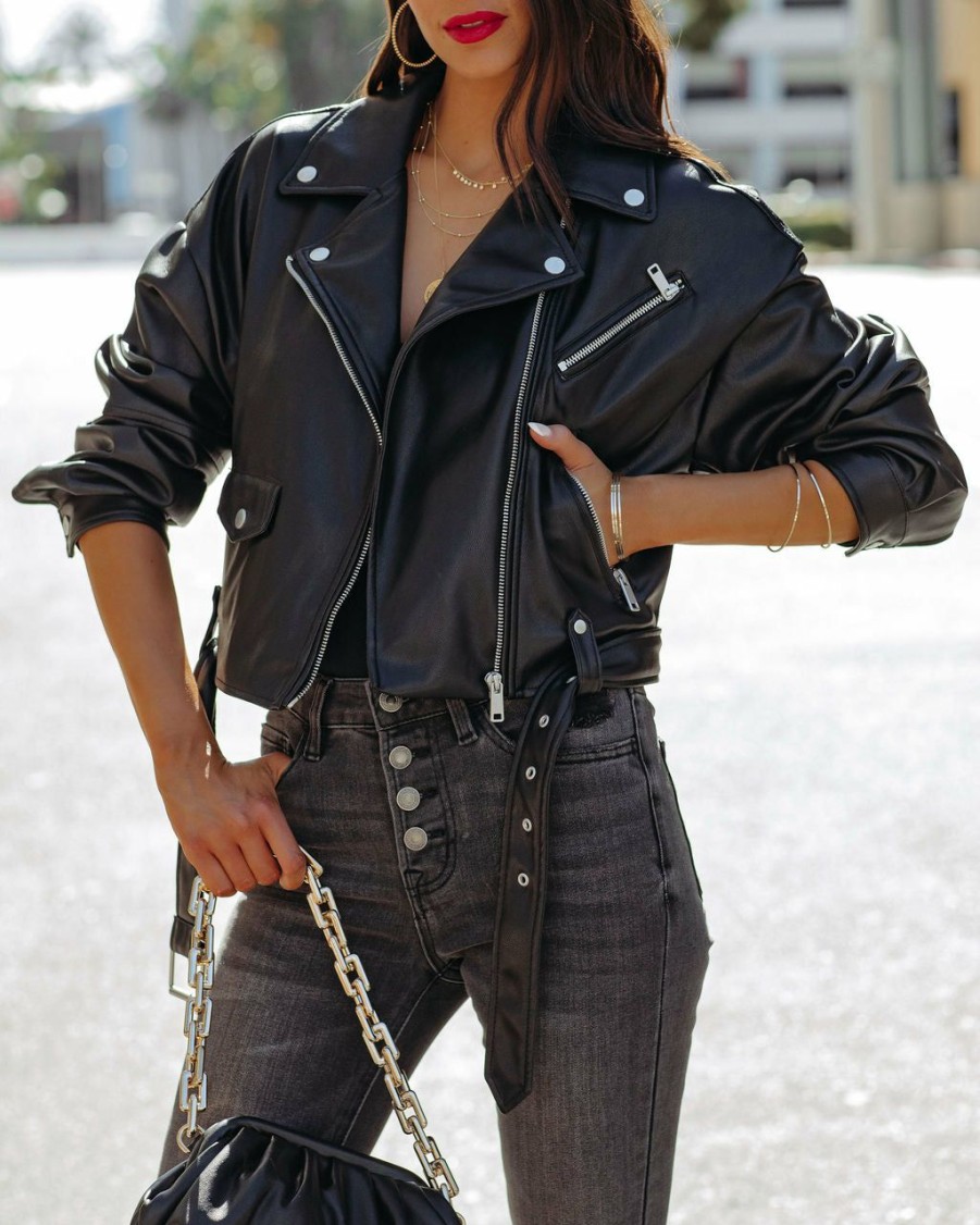 Clothing * | Baga-001 Stylist Picks Lucia Pocketed Faux Leather Crop Moto Jacket Black