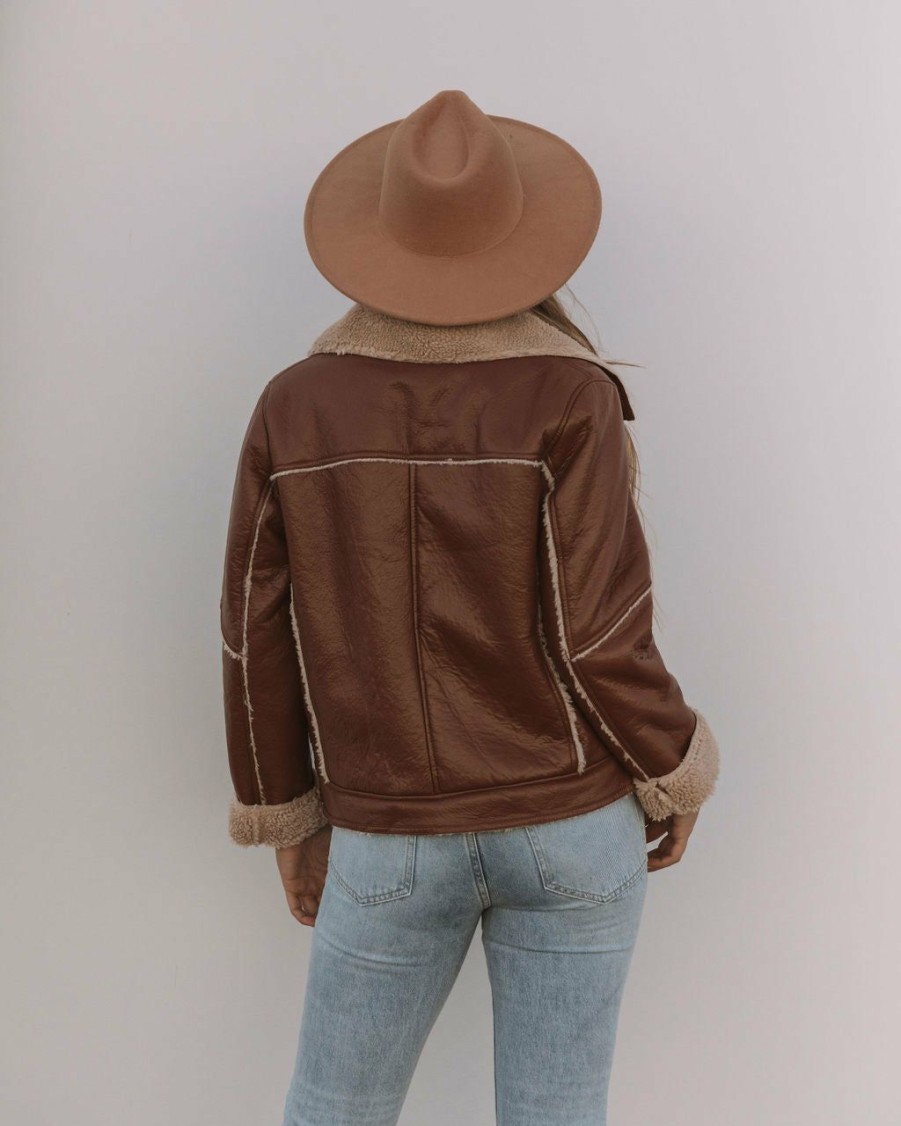 Clothing * | Oliv-001 Shona Pocketed Faux Leather Sherpa Jacket Brown Final Sale