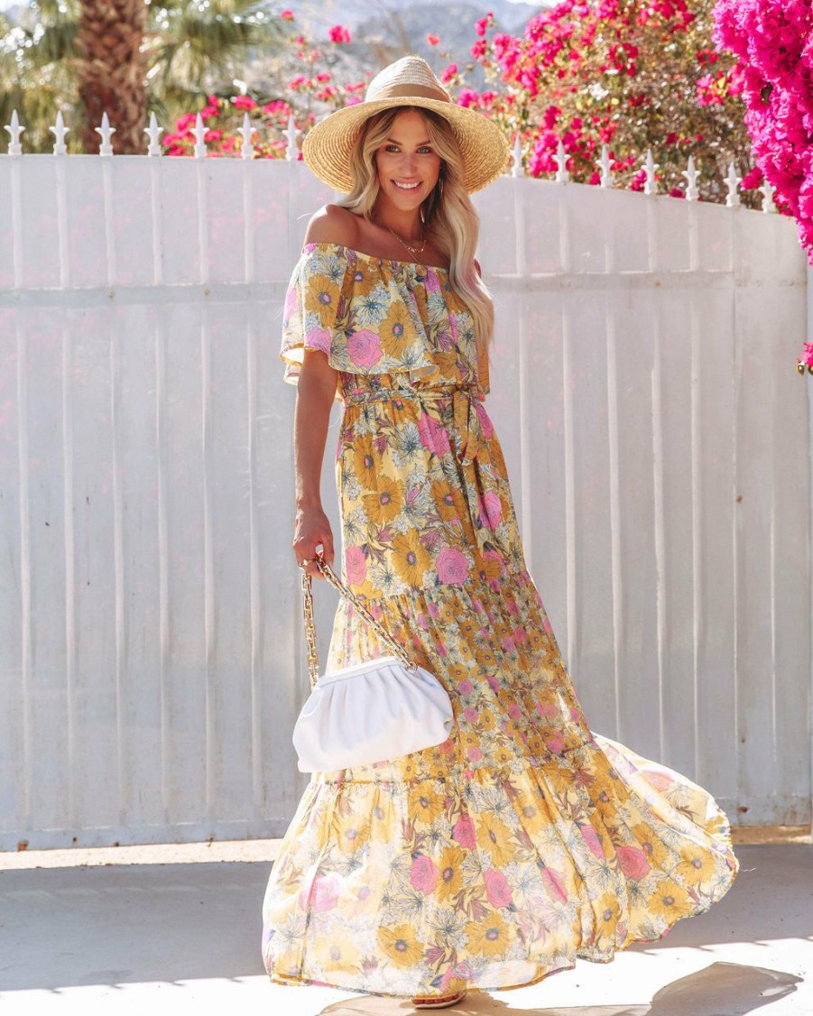 Clothing * | Salt-001 You Glow Girl Floral Off The Shoulder Maxi Dress Yellow