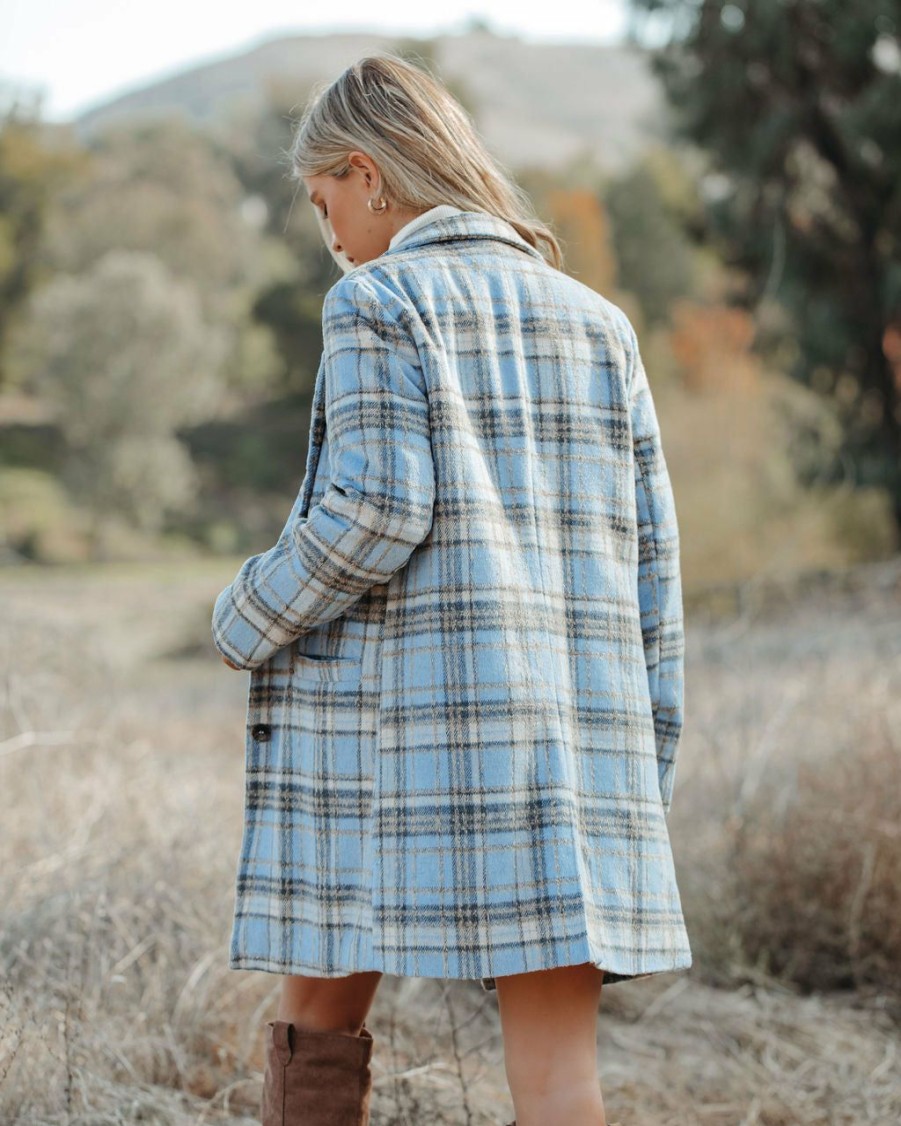 Clothing * | &Mer-001 All Clothing Stan Pocketed Plaid Coat Light Blue Final Sale