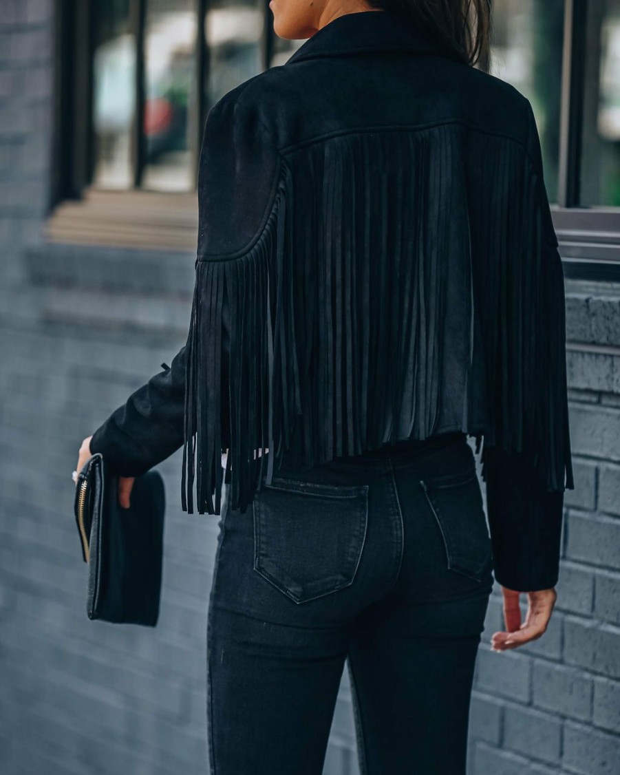 Clothing * | Flaw-001 Walford Cropped Fringe Faux Suede Jacket Black