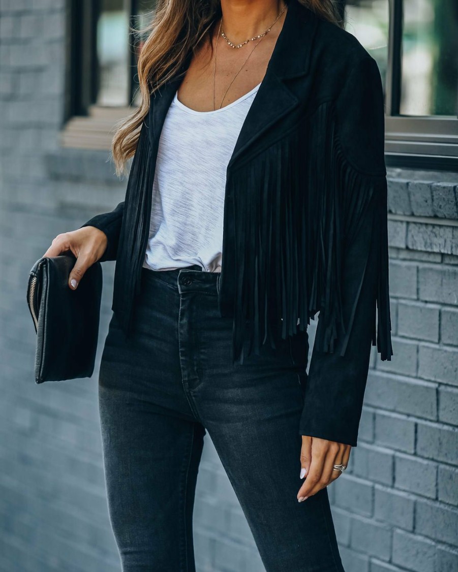 Clothing * | Flaw-001 Walford Cropped Fringe Faux Suede Jacket Black