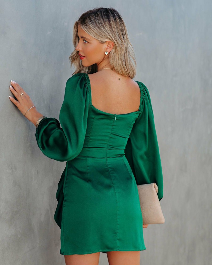 Clothing * | Skyl-002 Elyssa Satin Ruffle Mini Dress Emerald All Clothing