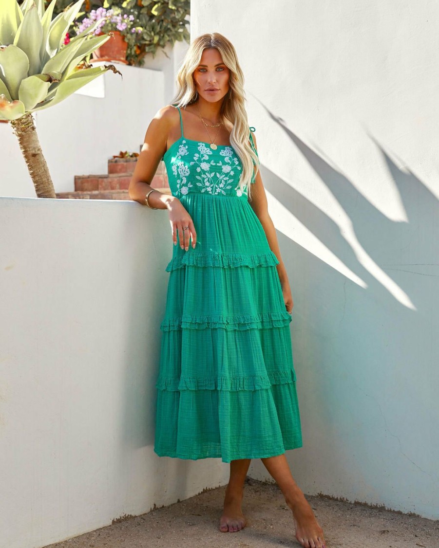 Clothing * | Enc-001 All Clothing Parisa Embroidered Tiered Midi Dress Green