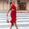 Clothing * | Shop-001 Guest Of Wedding Spicy One Shoulder Cutout Midi Dress Red