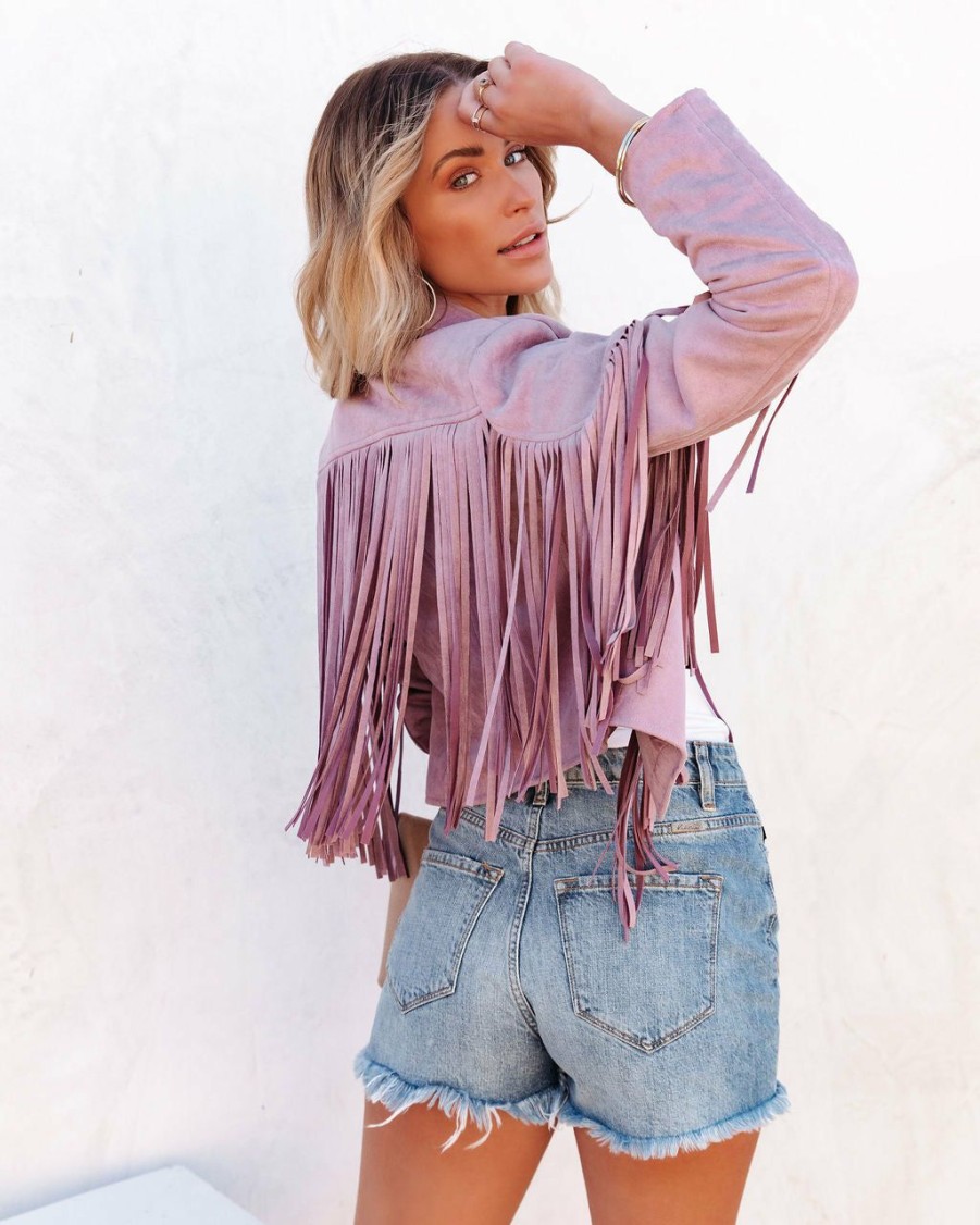 Clothing * | Flaw-001 Walford Cropped Fringe Faux Suede Jacket Lavender