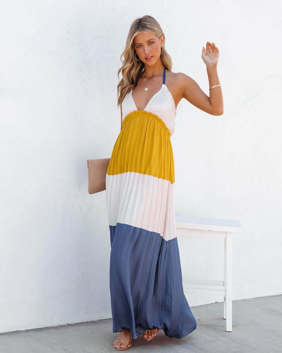 Clothing * | On T-001 Tahlia Pleated Colorblock Halter Maxi Dress Yellow Multi Final Sale