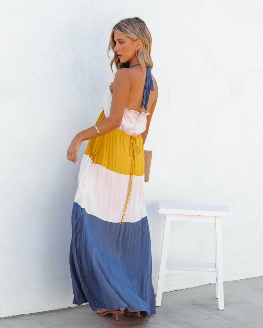 Clothing * | On T-001 Tahlia Pleated Colorblock Halter Maxi Dress Yellow Multi Final Sale